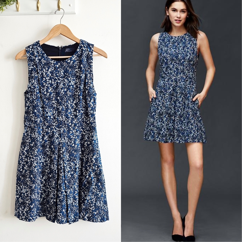 GAP Blue Floral Linen Cotton Fit Flare Sleeveless Dress Womens Size 8
